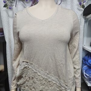 Chico's Asymmetrical Embellished Tan and Cream Blouse